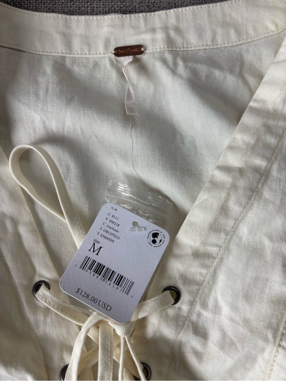 Free People Ivory Lace-Up Corset Puff Sleeve Cream Blouse Cottagecore Prairie M - Picture 5 of 10